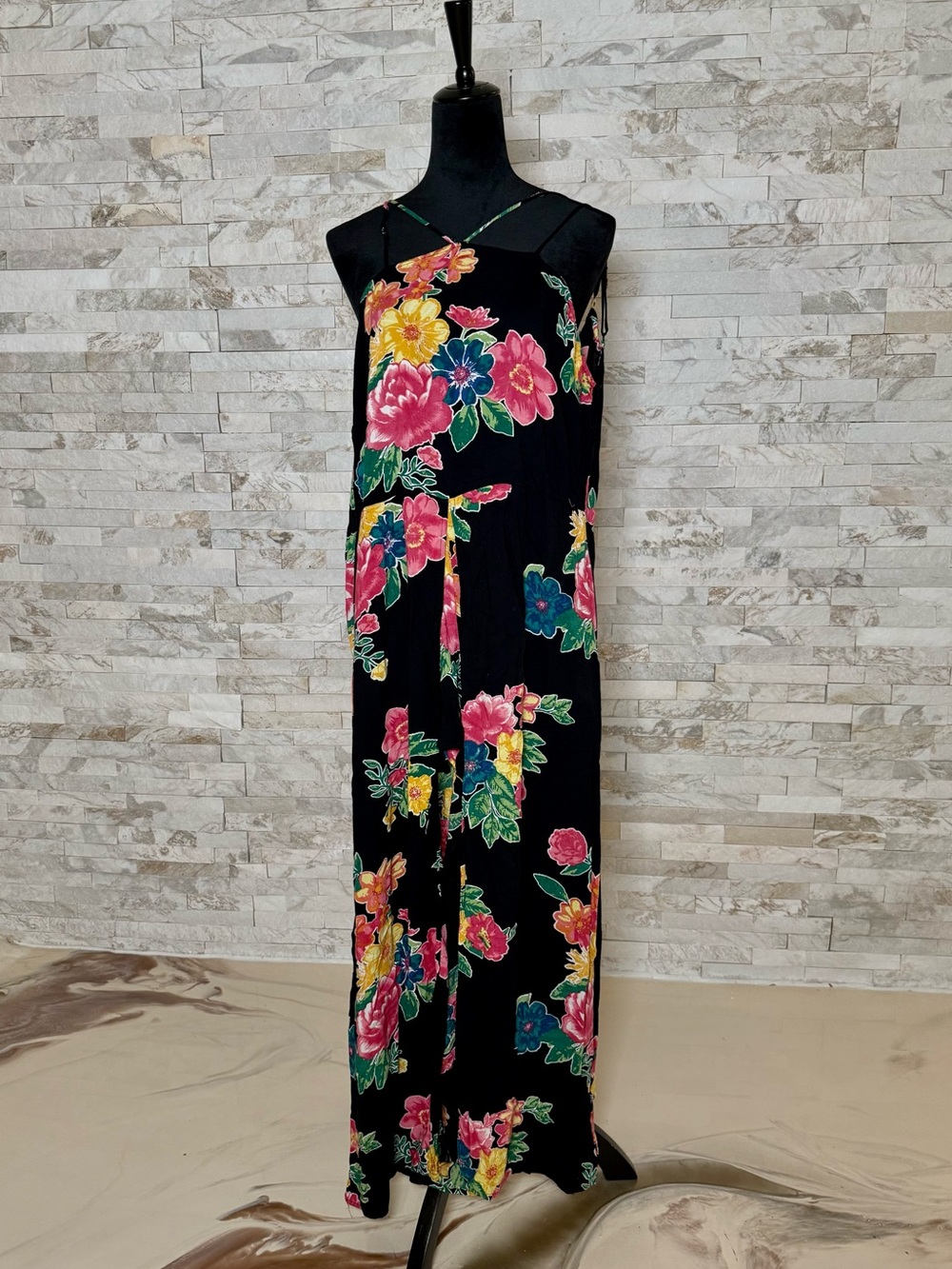 Floral Spaghetti-Strap Jumpsuit Black with Pink & Yellow flowers
